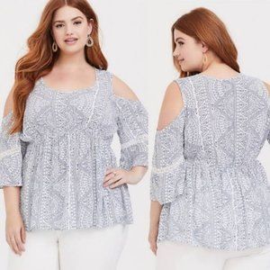 Torrid Blue and White Cold Shoulder Top Size 2